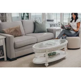 Monaco Blanc Oval Glass Top Coffee Table with Palms Insert