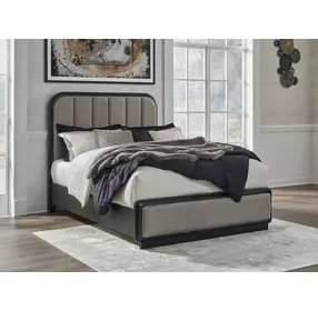 Rowanbeck Gray and Black Queen Upholstered Panel Bed