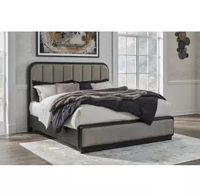 Rowanbeck Gray and Black King Upholstered Panel Bed