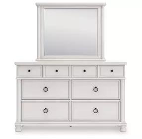 Chadworth Antique White 8 Drawer Dresser and Rectangular Mirror