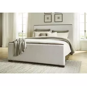 Darimore Burnished Brown and White Performance Fabric Queen Upholstered Panel Bed