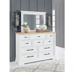 Ashbryn White and Natural 10 Drawer Dresser with Rectangular Mirror
