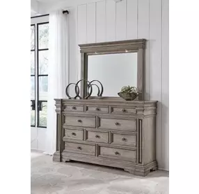 Blairhurst Light Grayish Brown 10 Drawer Dresser and Rectangular Mirror with LED