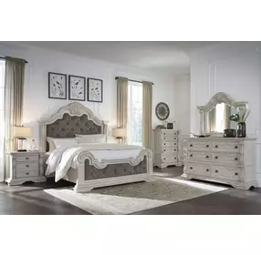 Andonhall Antique White 6 Drawer Dresser and Arched Mirror