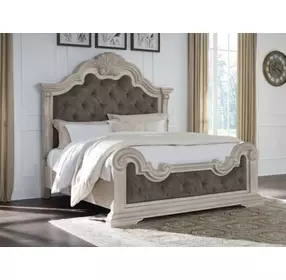 Andonhall Antique White and Gray California King Upholstered Panel Bed