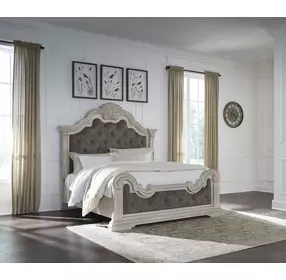 Andonhall Antique White and Gray King Upholstered Panel Bed