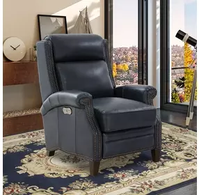 Barrett Barone Navy Blue Leather Lounge Power Recliner with USB Charging and Nailhead Trim