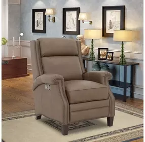 Barrett Cashmere Taupe Leather Lounge Power Recliner with USB Charging and Nailhead Trim