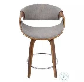 Curvini Walnut Wood And Light Grey Fabric Swivel 24'' Counter Height Stool Set Of 2