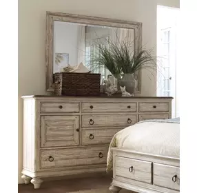 Homestead Pine Cornsilk 7 Drawer Ellesmere Dresser with Rectangular Landscape Mirror