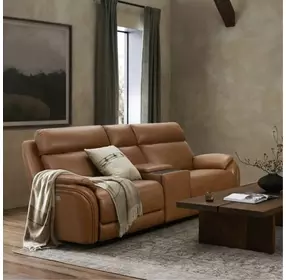 Corry Simon Saddle Leather 77" Power Reclining Console Loveseat with Power Lumbar and USB Charging