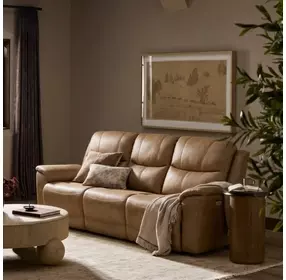 Kaden Elliott Taupe Leather 88" Power Reclining Sofa with Power Lumbar and USB Charging