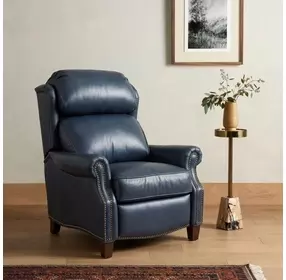 Meade Shoreham Blue Leather Push Thru The Arms Lounge Recliner with Nailhead Trim