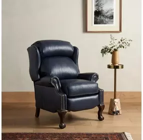 Danbury Shoreham Blue Leather Push Thru The Arms Recliner with Nailhead Trim