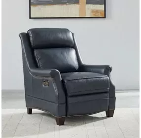 Warrendale Shoreham Blue Leather Power Recliner with Nailhead Trim and USB Charging