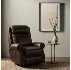 Blair Ashford Walnut Leather Power Recliner with Nailhead Trim and USB Charging