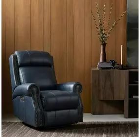 Blair Shoreham Blue Leather Power Recliner with Nailhead Trim and USB Charging