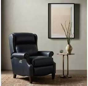 Philadelphia Shoreham Blue Leather Triple Power Recliner with USB Charging and Nailhead Trim