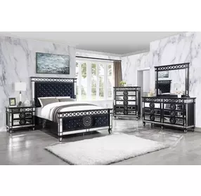 Varian II Dark Navy and Silver King Upholstered Panel Bed with Nailhead Trim