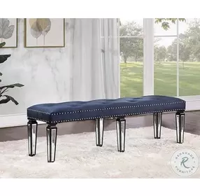 Varian II Dark Navy Velvet Black and Silver Mirrored 60" Upholstered Bench
