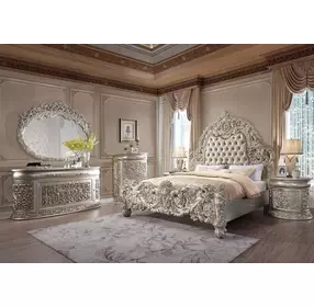 Sorina Beige and Antique Gold King Upholstered Panel Bed