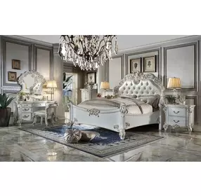 Vendome Antique Pearl King Upholstered Panel Bed with Nailhead Trim