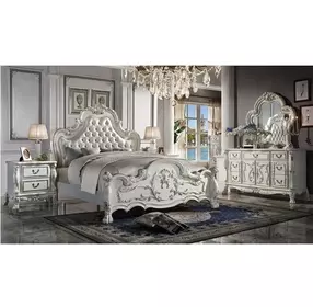 Dresden Bone White Queen Upholstered Panel Bed with Nailhead Trim
