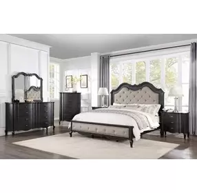 Chelmsford Beige and Antique Black Queen Upholstered Panel Bed with Nailhead Trim
