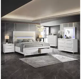 Tarian Cream and Pearl White Queen Upholstered Storage Panel Bed with LED