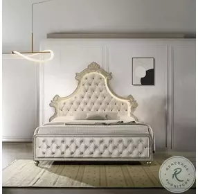 Lucienne Beige Velvet Eastern King Upholstered Bed with LED Lighting