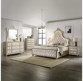 Lucienne Beige Upholstered Free Form Dresser Mirror with LED and Nailhead Trim