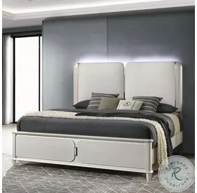 Laveda Light Gray Boucle and Pearl White Queen Upholstered Bed with LED Lighting