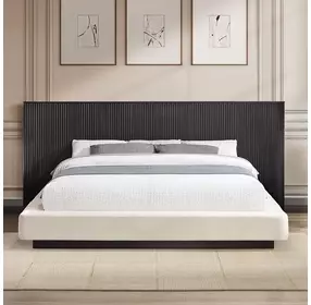 Clayten Beige and Espresso King Upholstered Panel Bed