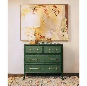 Beckett Dyed Grasscloth and Dark Green Matte Lacquer 4 Drawer Chest