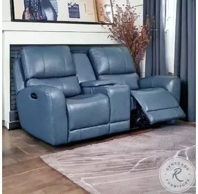 BelleAvenue Blue Leather Dual 76" Power Reclining Console Loveseat