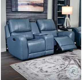 Bel Air Blue Leather Dual 76" Power Reclining Console Loveseat
