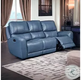 BelleAvenue Persian Blue Leather 85" Lay Flat Power Reclining Sofa with Power Headrest and USB Charging
