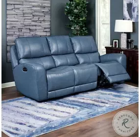 BelleAvenue Blue Leather Dual 85" Power Reclining Sofa