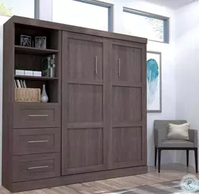 Pur Bark Grey 84" Full Murphy Bed and Shelving Unit with Drawers