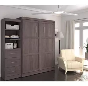 Pur Bark Grey 90" Queen Murphy Bed and Shelving Unit with Drawers