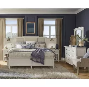 Willowbrook Egg Shell White and Cream Queen Upholstered Wall Panel Bed with 2 Nightstand and USB Charging