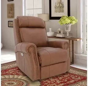 Blair Dobbs Saddle Leather Power Recliner with Nailhead Trim and USB Charging