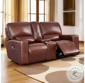 Broadway Brown Leather 79" Lay Flat Power Reclining Console Loveseat with Power Headrest and USB Charging