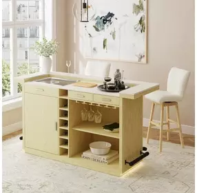 Cambria Off White and Natural 78" Rectangular Bar Table with LED