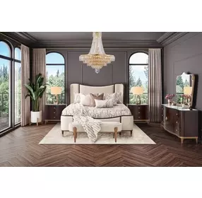 Camellia Field Warm Pecan and Linen Queen Upholstered Panel Bed with USB Charging