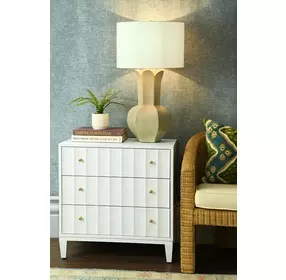 Carmack Matte White Lacquer Soft Close 3 Drawer Side Table With Fluted Detail