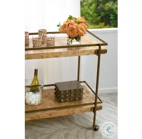 Cash Light Burl Wood And Antique Brass Bar Cart