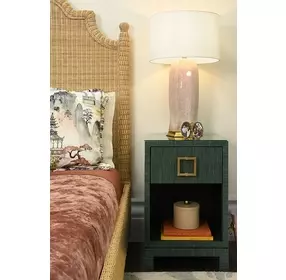 Blair Green Dyed Grasscloth Soft Close 1 Drawer Side Table With Glass Top