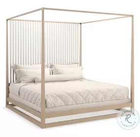 Pinstripe Light Sun Drenched Oak And Almond Milk Canopy Bedroom Set