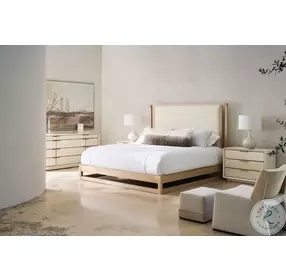 Pinstripe Ecru Shimmer And Sun Drenched Oak Upholstered King Platform Bed